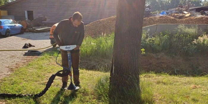 Boomverzorger ploft de grond als onderdeel van groeiplaats verbetering